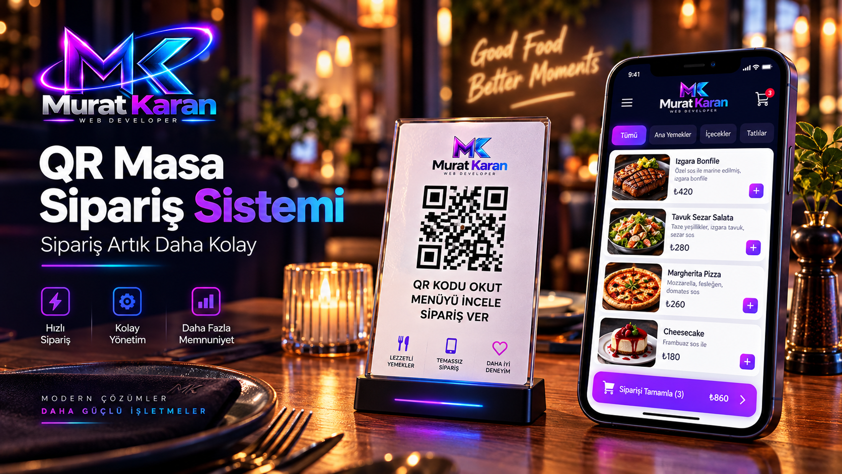 QR masa sipariş sistemi mobil menü ve sipariş ekranı