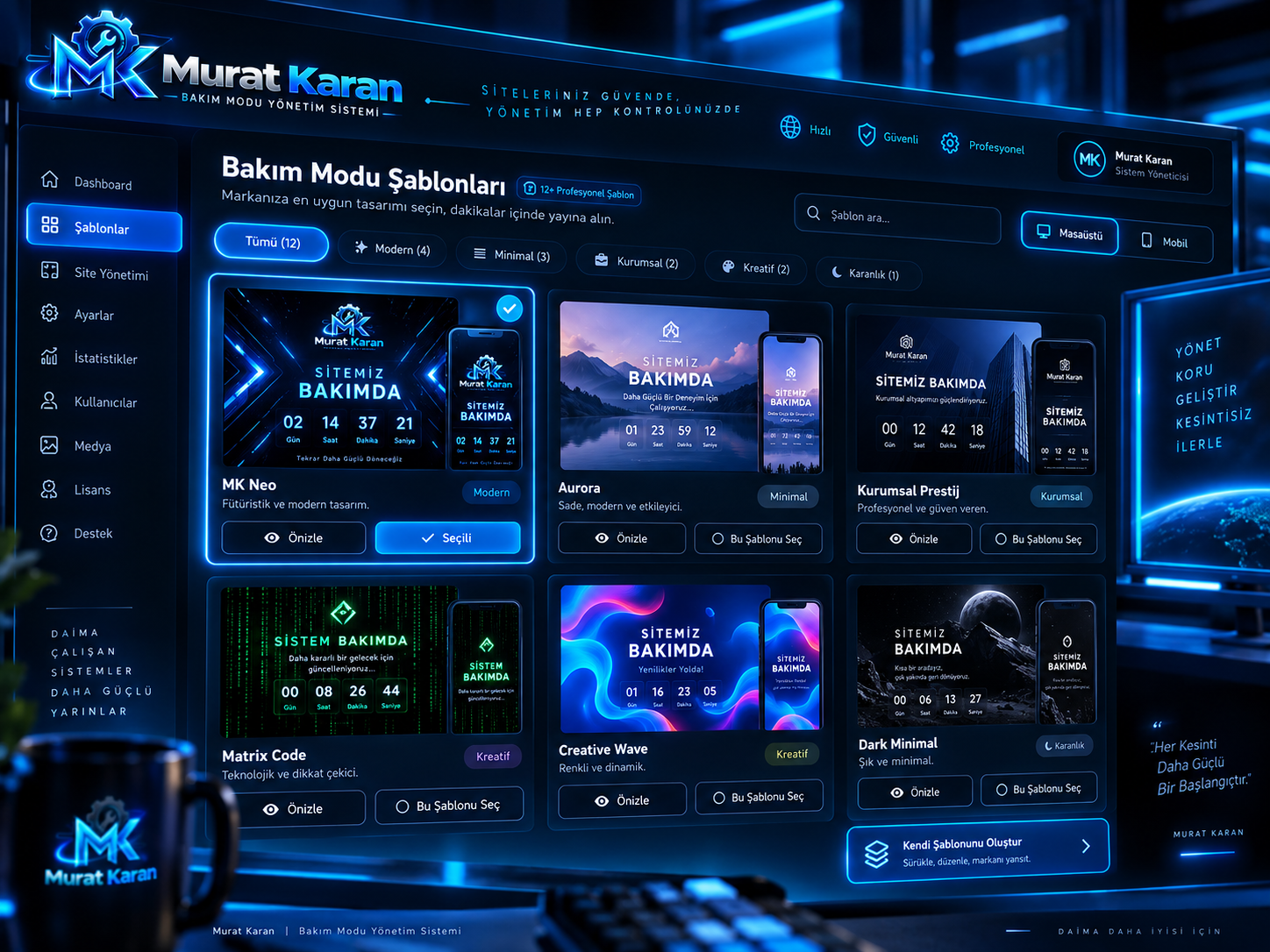 Murat Karan bakım modu yönetim sistemi ve profesyonel şablon yönetimi